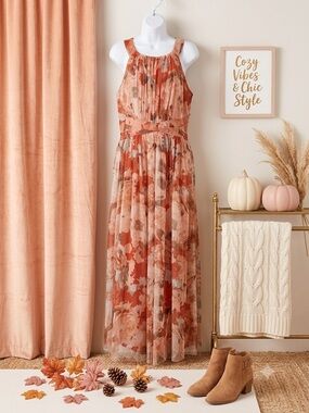 Rust Floral Halter Maxi Dress - Women